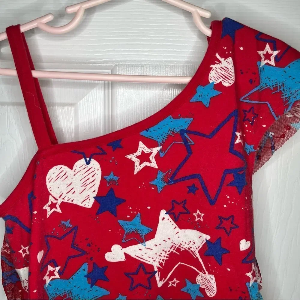 Justice Red Tiered Ruffle Sequin One Shoulder Star Print July 4th Tank Top Red 8